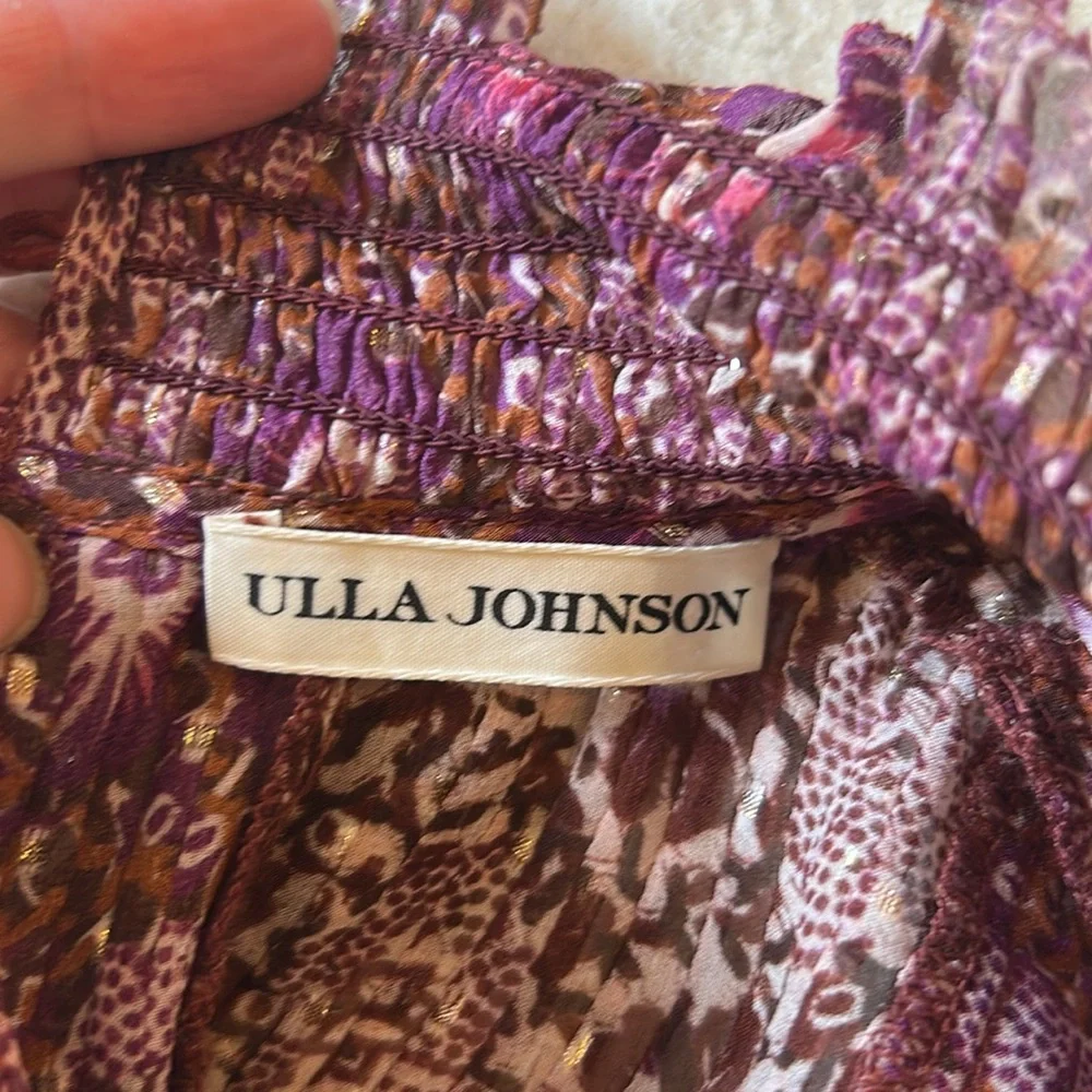 Ulla Johnson Burgundy Floral Ruffled High-Neck Blouse